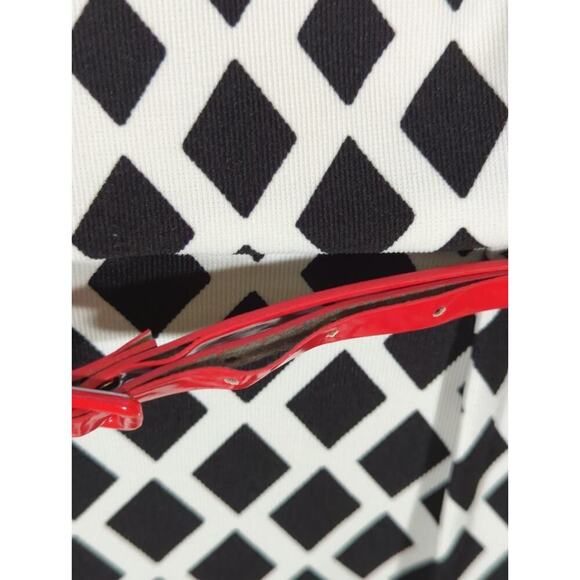 R&K Dress Size 10 Black White Diamond Print Red Belted Sheath Knee Length - Picture 6 of 15